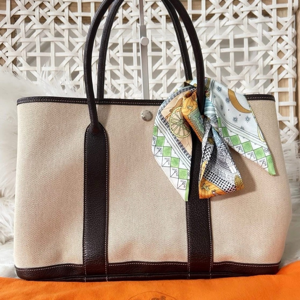 Hermes Tan and Black Tote with Scarf Accent